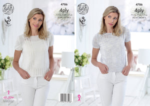 King Cole 4ply Knitting Pattern - Ladies Short or Cap Sleeve Top (4786)
