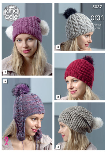King Cole Aran Knitting Pattern - Ladies Hats (5037)