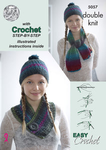 King Cole Step by Step Easy Crochet Pattern - Ladies Scarf Hat & Cowl Set (5057)