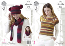 Load image into Gallery viewer, King Cole Double Knit Crochet Pattern - Ladies Top Hat Scarf &amp; Snood (4763)