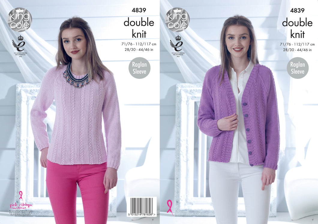 King Cole Double Knitting Pattern - Ladies Raglan Sweater & Cardigan (4839)