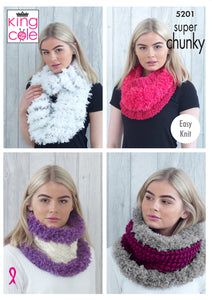 King Cole Tufty Chunky Knitting Pattern - Ladies Cowls (5201)