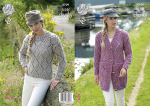 King Cole Chunky Knitting Pattern - Ladies Lacy Jacket & Sweater (4709)
