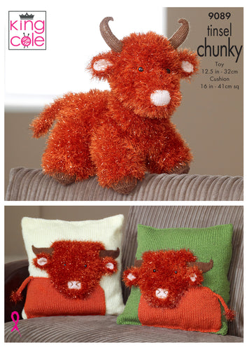 King Cole Tinsel Knitting Pattern - Highland Cow Toy & Cushion Covers (9089)