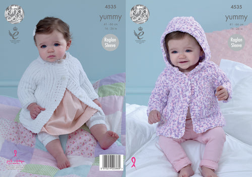 King Cole Yummy Knitting Pattern - Baby Raglan Sleeved Jackets (4535)