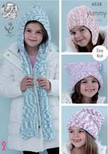 Load image into Gallery viewer, King Cole Yummy Knitting Pattern - Girls Hats &amp; Scarf (4538)