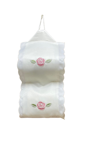 Rose Embroidered Fabric Hanging Toilet Roll Holder
