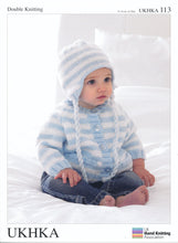 Load image into Gallery viewer, UKHKA 113 Double Knitting Pattern - Striped Cardigan Scarf &amp; Hat
