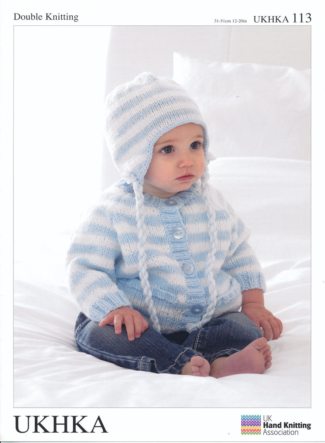 UKHKA 113 Double Knitting Pattern - Striped Cardigan Scarf & Hat