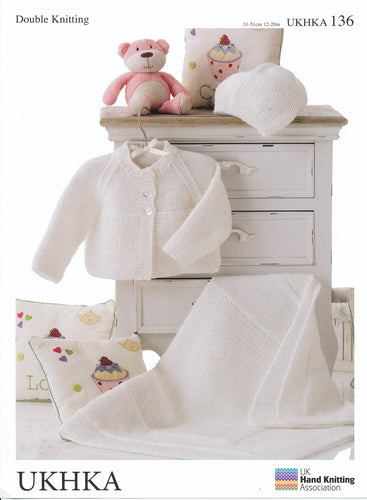 UKHKA 136 Double Knitting Pattern - Cardigan Blanket & Hat