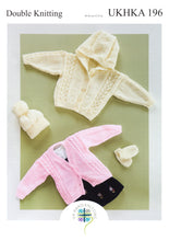 Load image into Gallery viewer, UKHKA 196 Double Knitting Pattern - Baby Cardigans Hat &amp; Mittens
