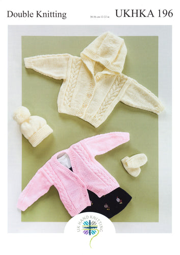 UKHKA 196 Double Knitting Pattern - Baby Cardigans Hat & Mittens
