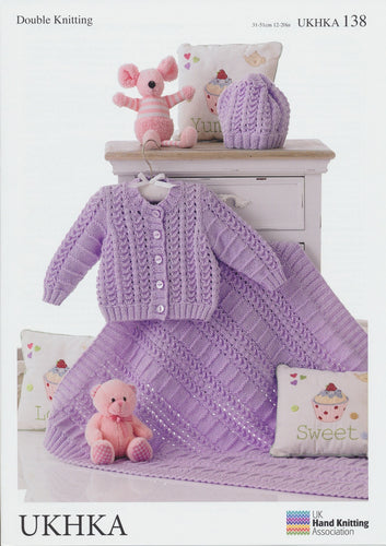Double Knitting Pattern  Matching Baby Cardigan, Hat & Blanket (UKHKA 138)
